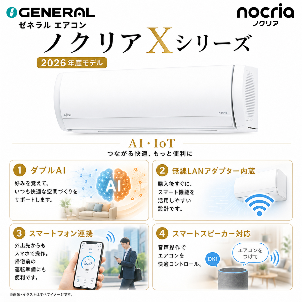 【標準工事費込み】富士通ゼネラル ノクリア Xシリーズ AS-X806T2W 26畳用 エアコン 2026年モデル 単相200V ホワイト